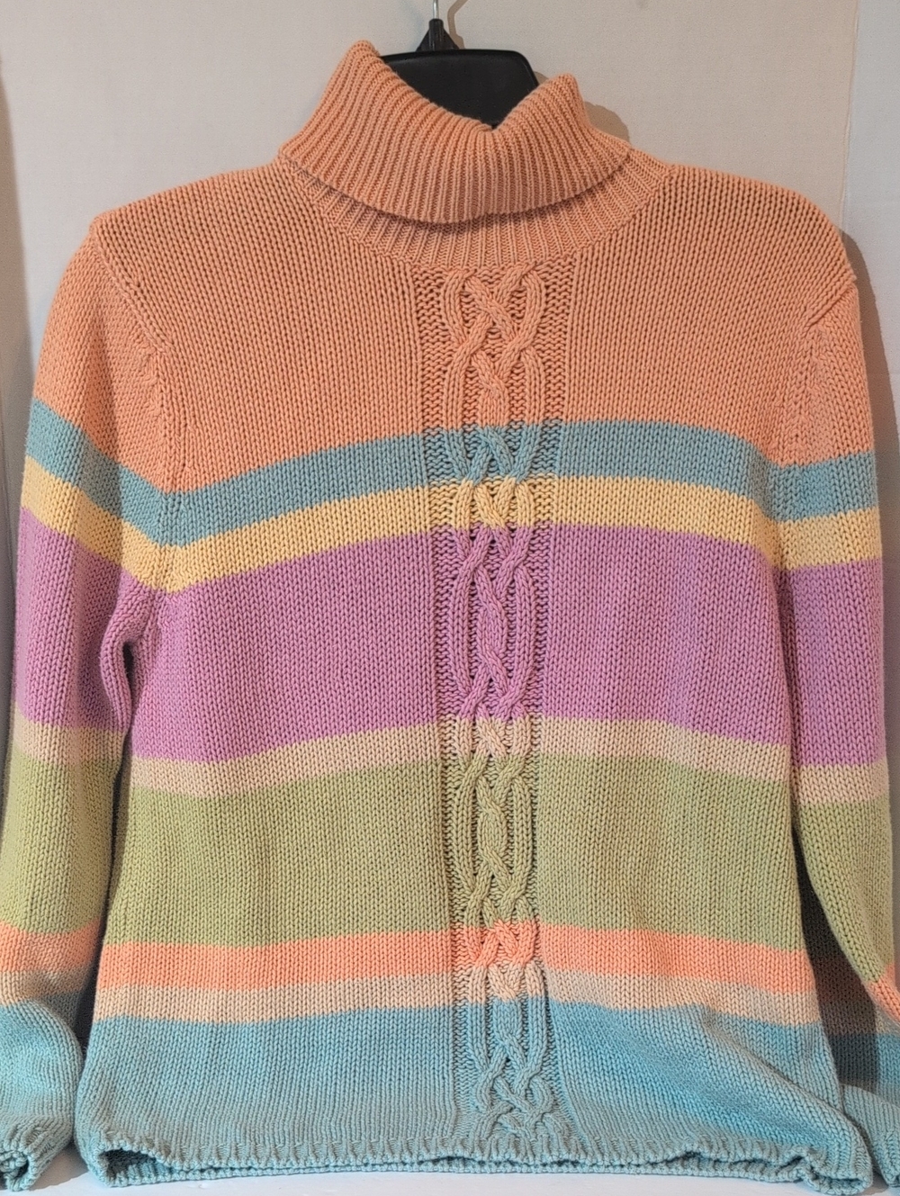 Vintage Izod 90s Happy Pastel Striped Cable Turtleneck Sweater, Med